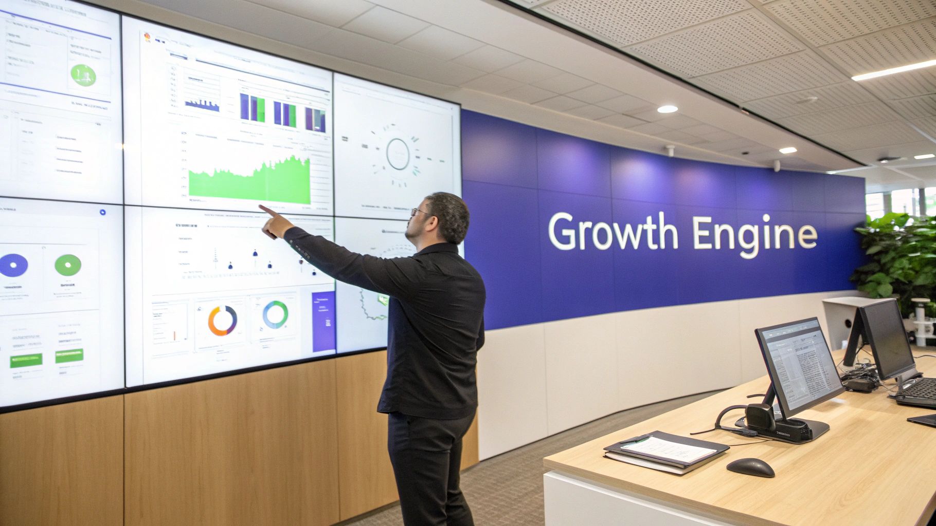 A team collaborating around a table with laptops and charts, representing strategic marketing operations.