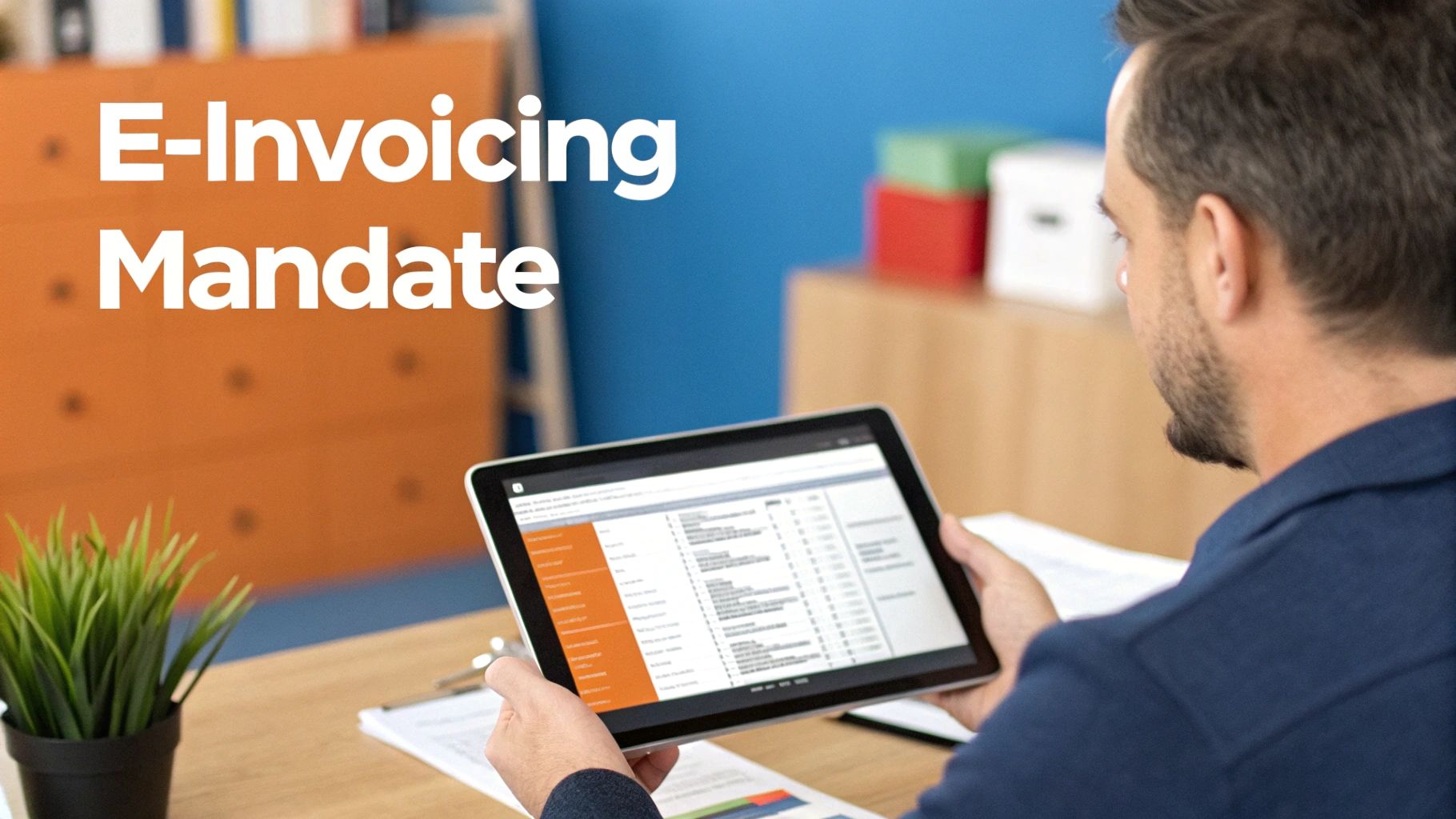 Man reviewing digital documents on a tablet for E-Invoicing Mandate compliance in an office.