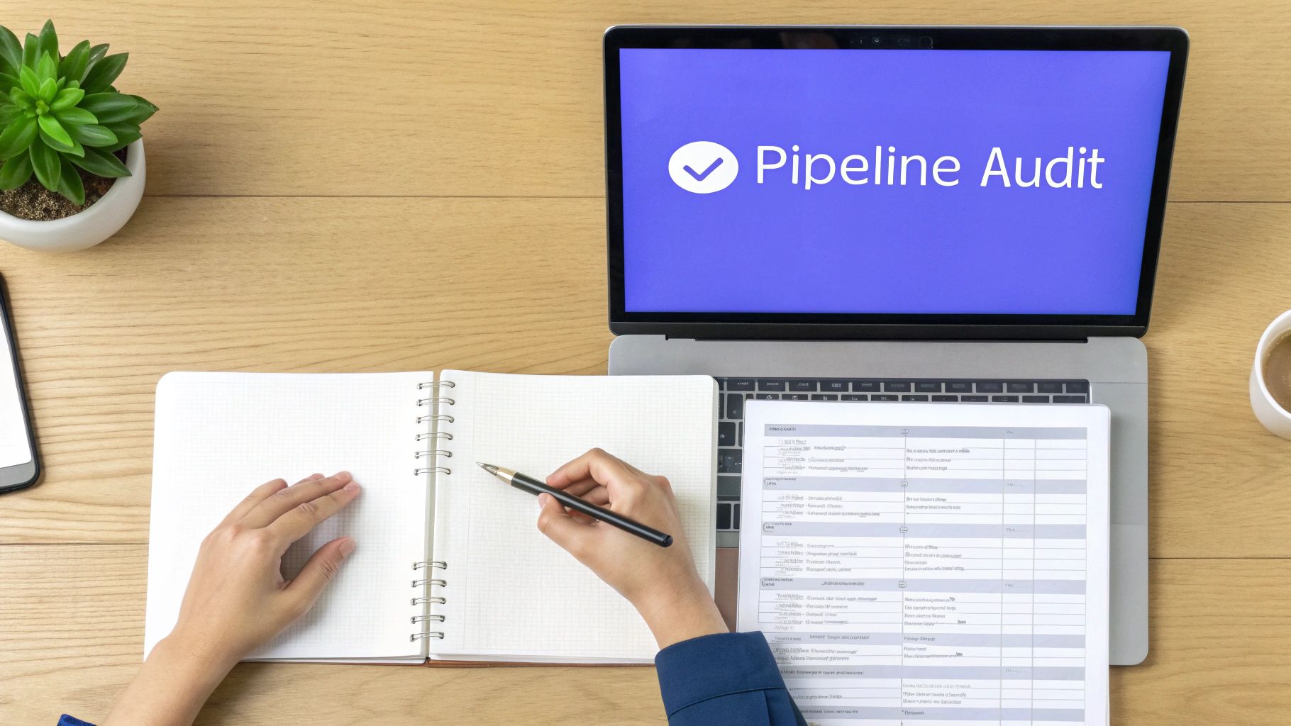 Overhead view of a person auditing a pipeline on a laptop, with notes and documents on a wooden desk.