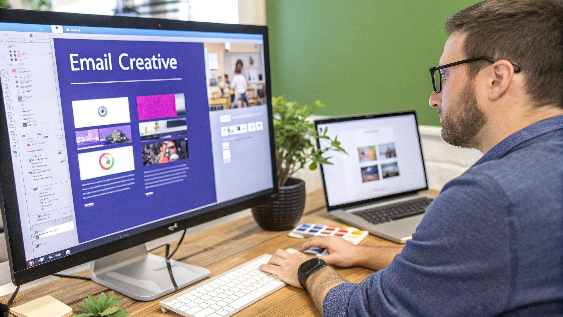 A designer at a desk working on an email layout on a computer screen.