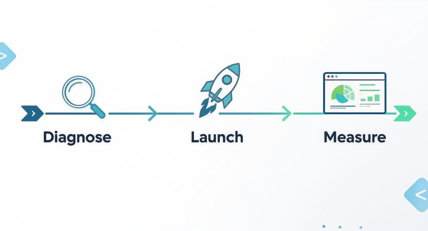 Three stage go-to-market strategy process showing diagnose, launch, and measure phases with icons