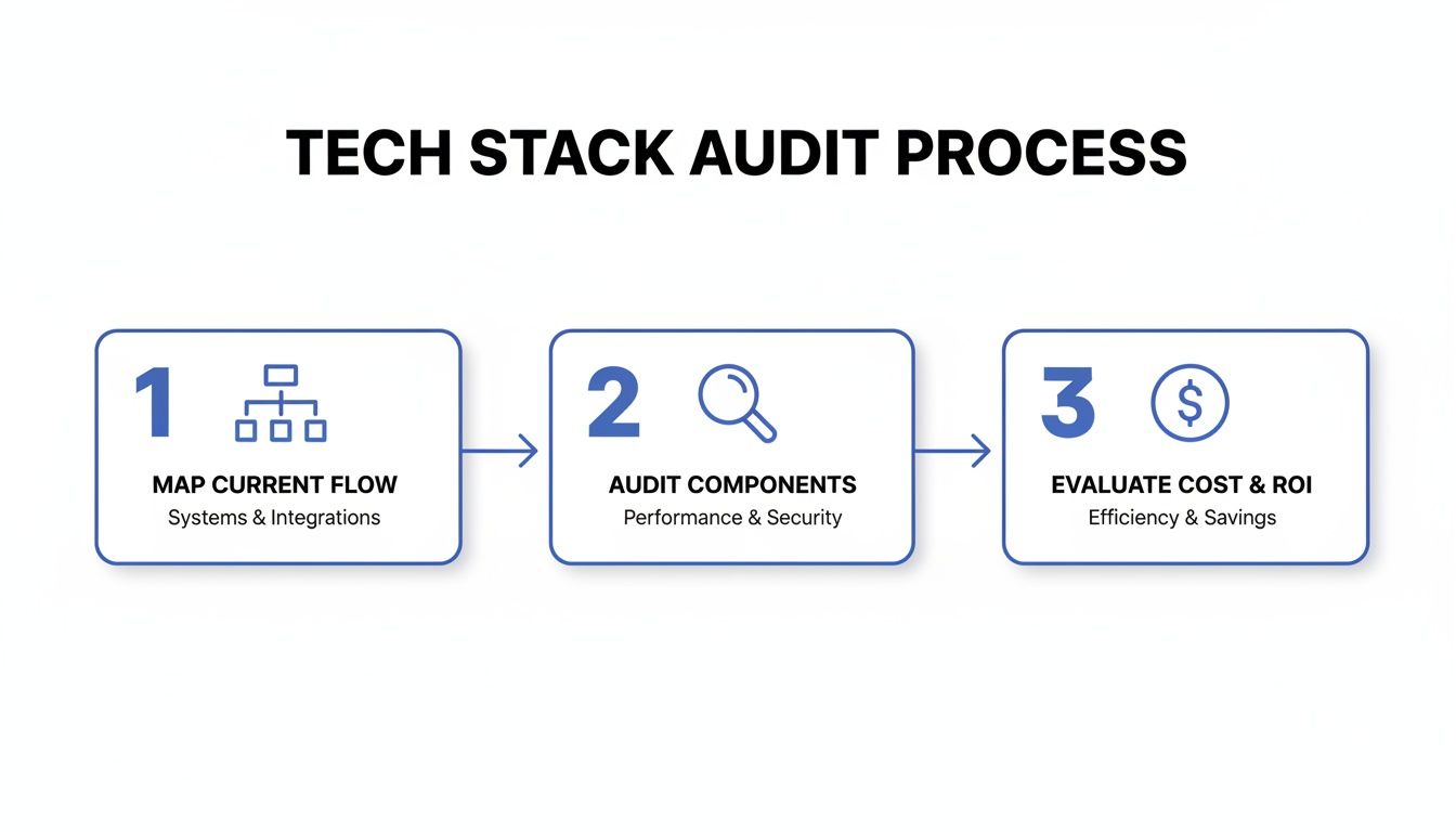 A three-step tech stack audit process flow: map current flow, audit components, evaluate cost and ROI.