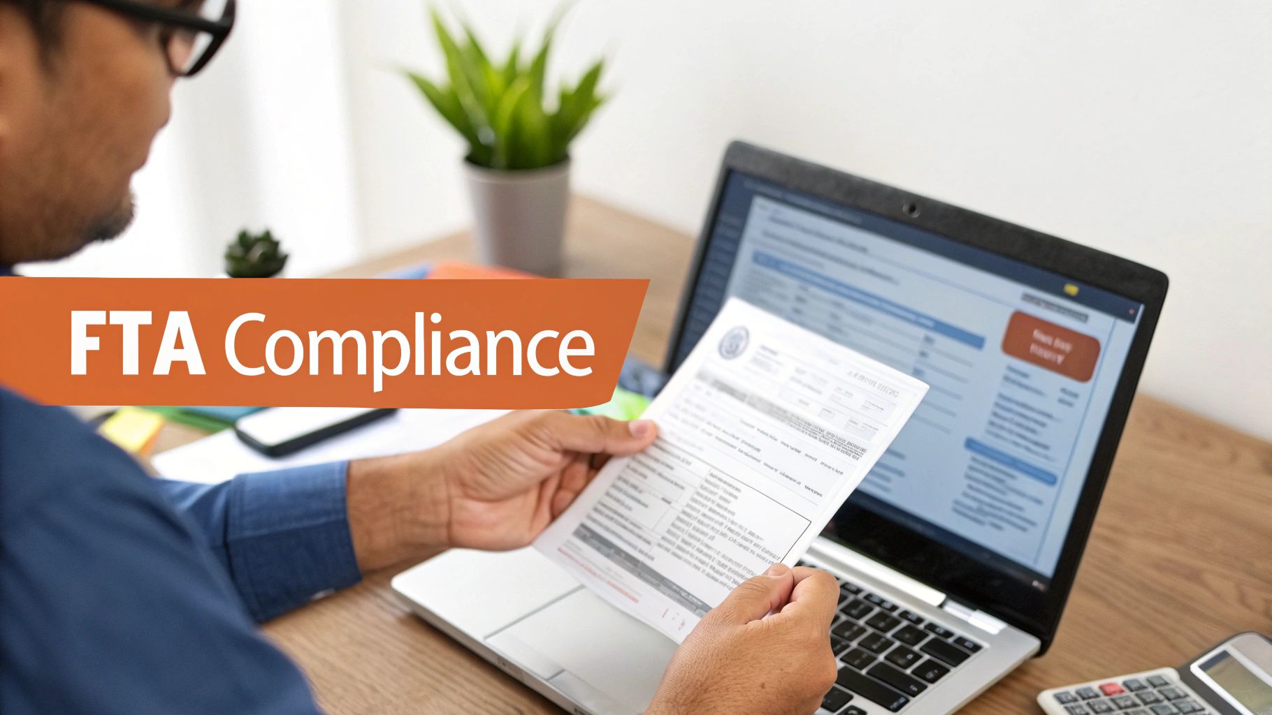 A person reviews an FTA compliance document while working on a laptop in an office setting.