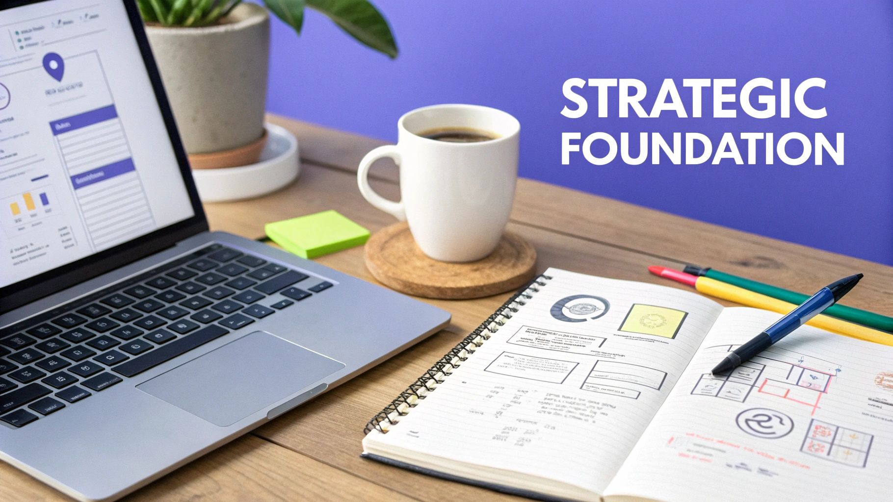 A team collaborating on a marketing campaign strategy on a whiteboard.
