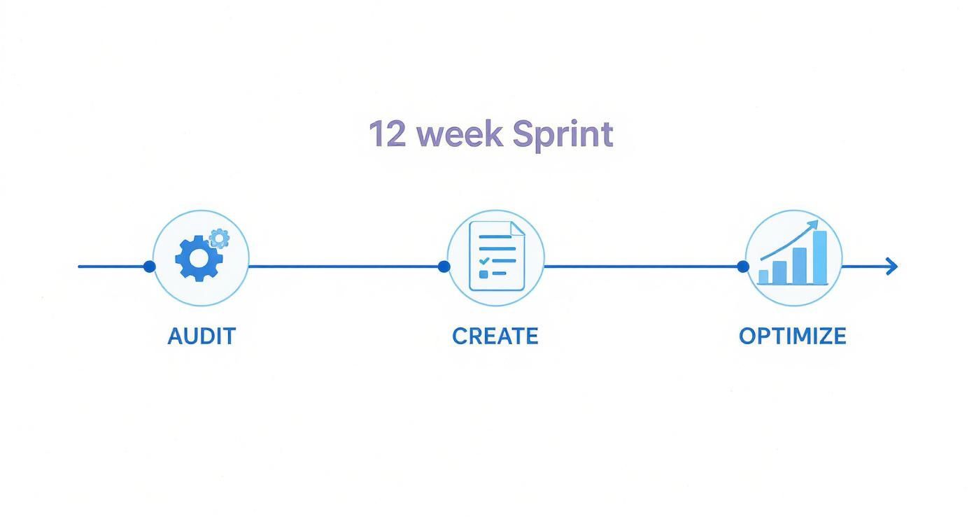 A 12-week sprint timeline showing three stages: Audit, Create, and Optimize with icons.