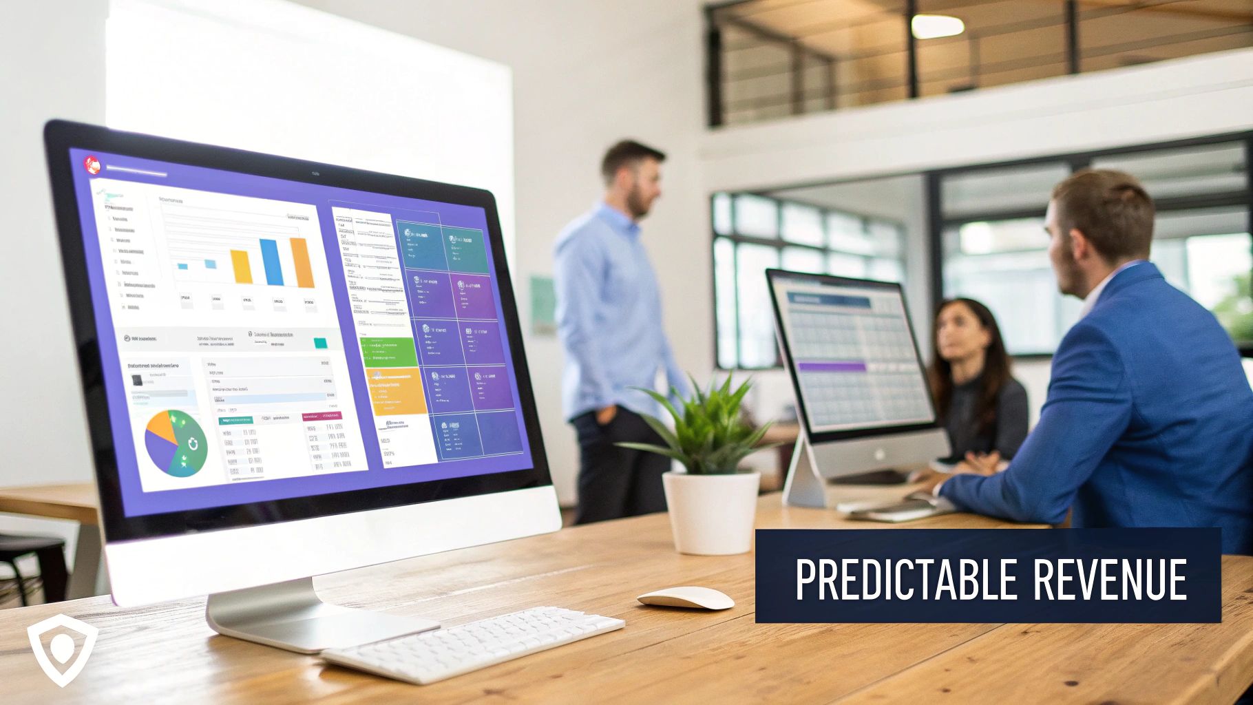 Modern office with people working, featuring a computer screen displaying business dashboards and charts.