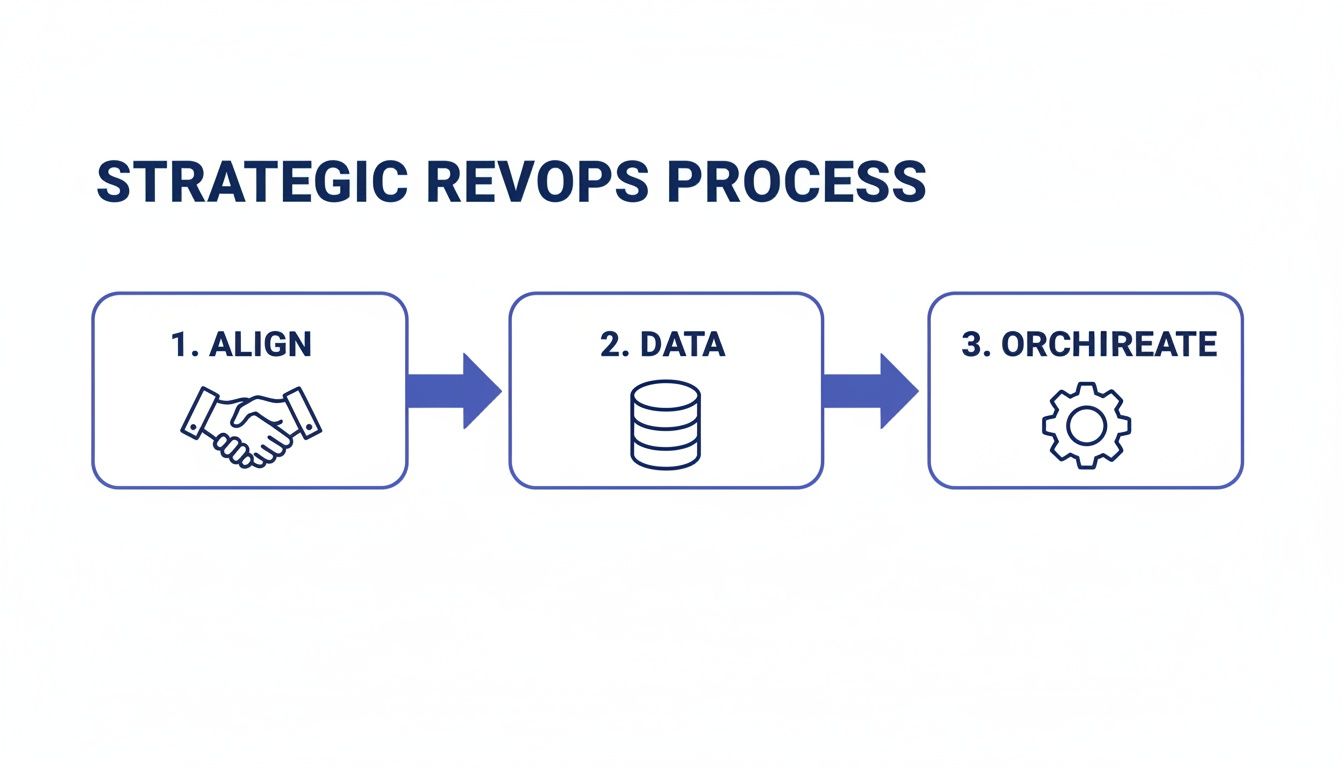 A diagram illustrating the Strategic RevOps Process with three steps: Align, Data, and Orchiate.