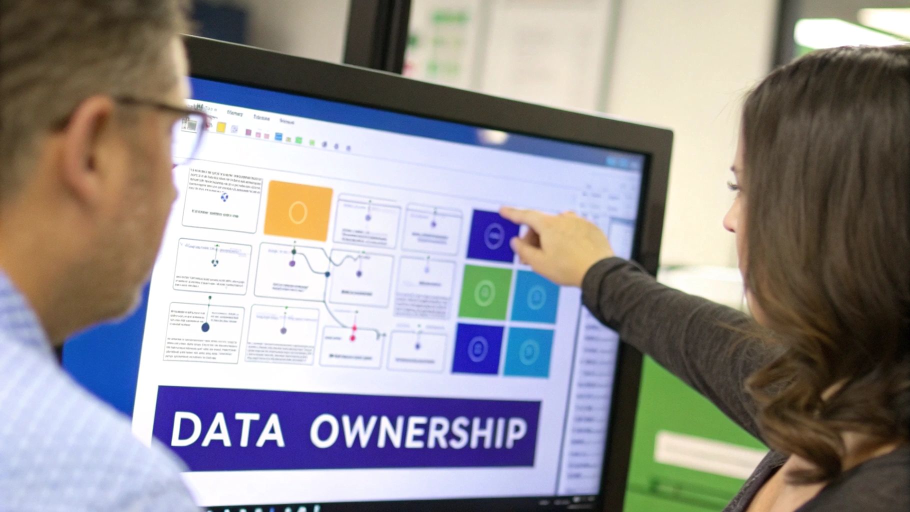 Two colleagues discuss data ownership strategy on a computer screen, with one pointing at a diagram.