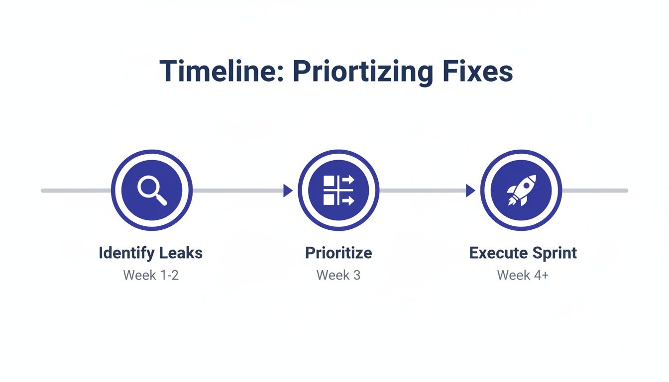 A timeline visualizes the process of identifying leaks, prioritizing tasks, and executing sprints for fixes.