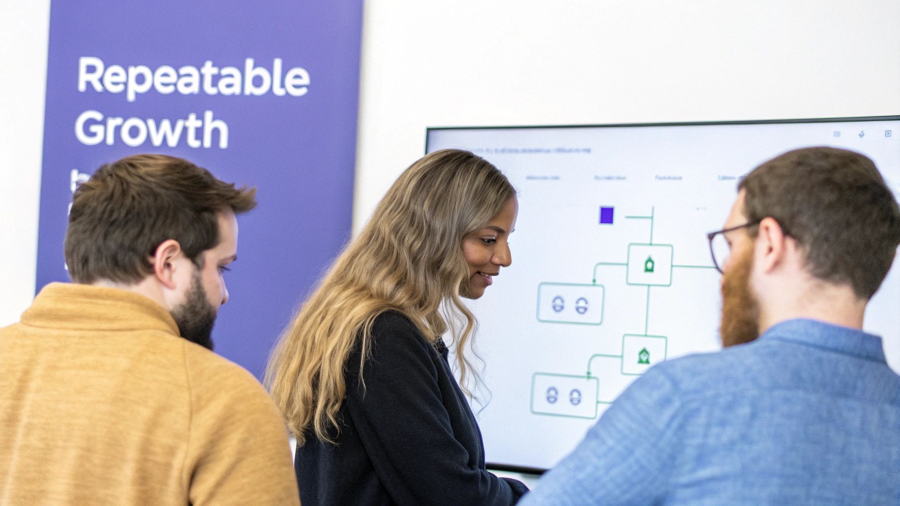 Three colleagues, two men and one woman, discuss a diagram on a large screen in an office.