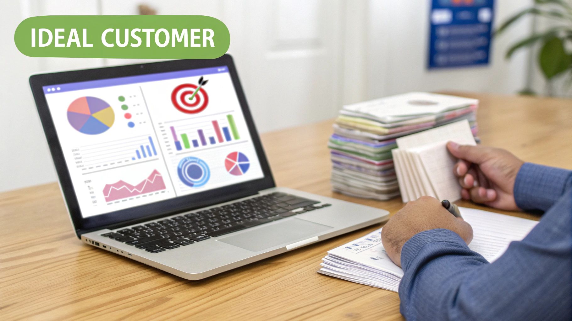 Business professional analyzing ideal customer data with charts and graphs on laptop screen