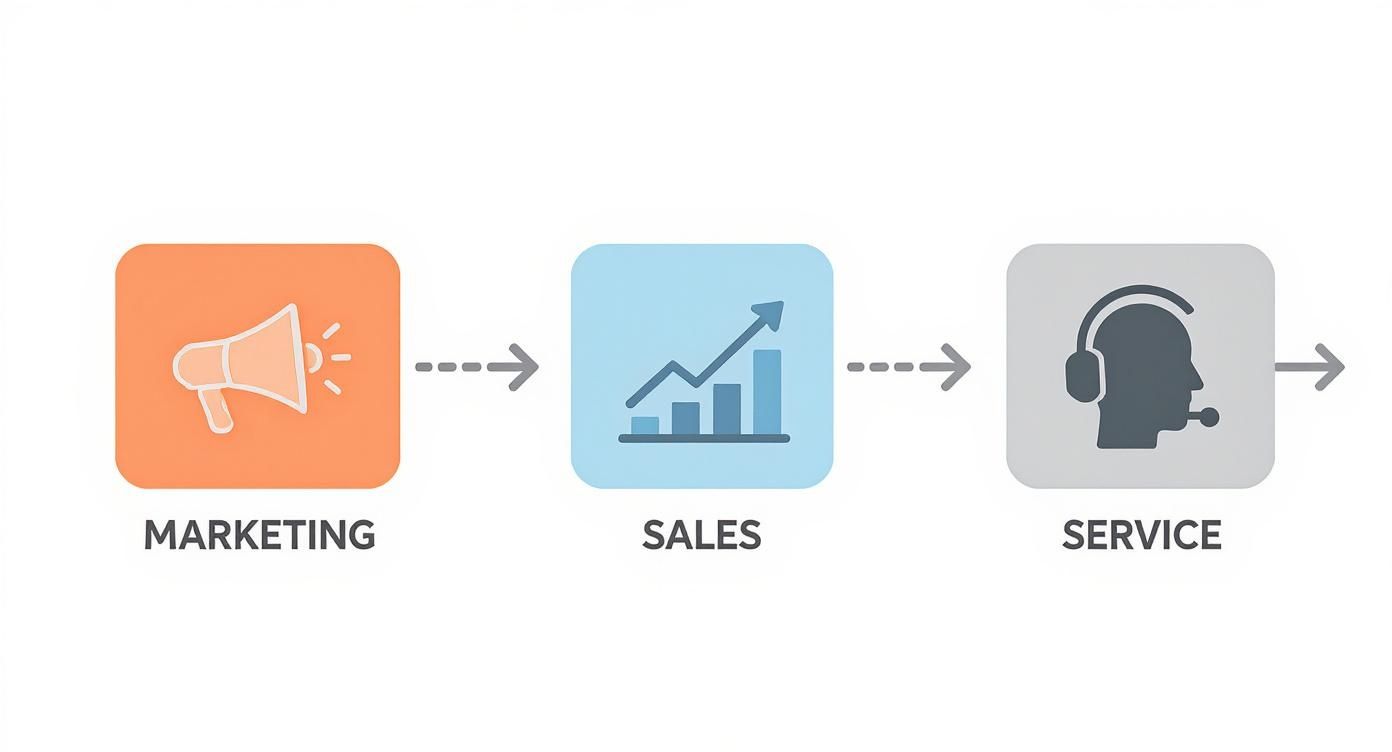 A flowchart illustrating the business process from Marketing, through Sales, to Service stages.