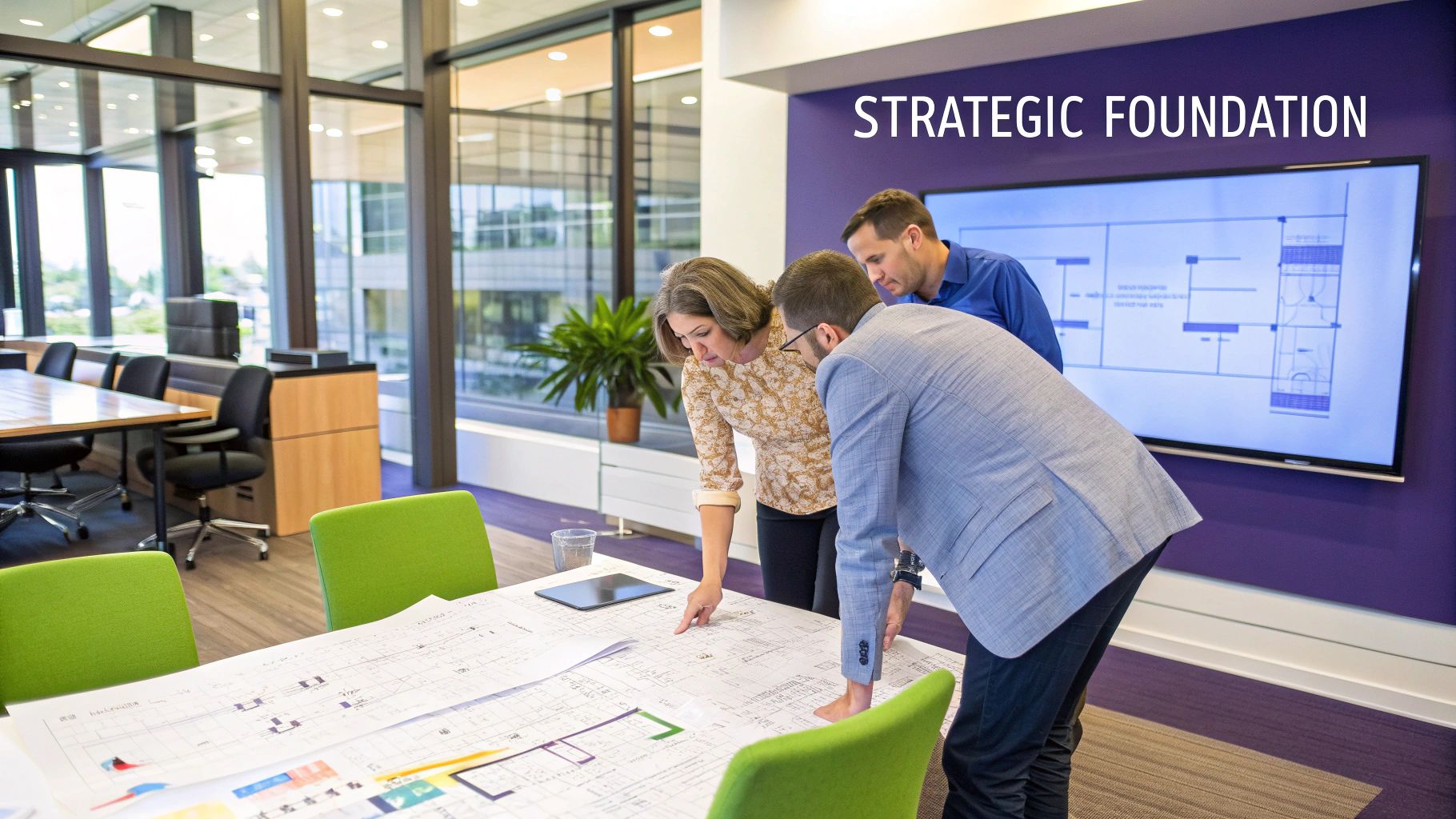 A person at a desk sketching out a strategic plan on paper with charts and sticky notes.