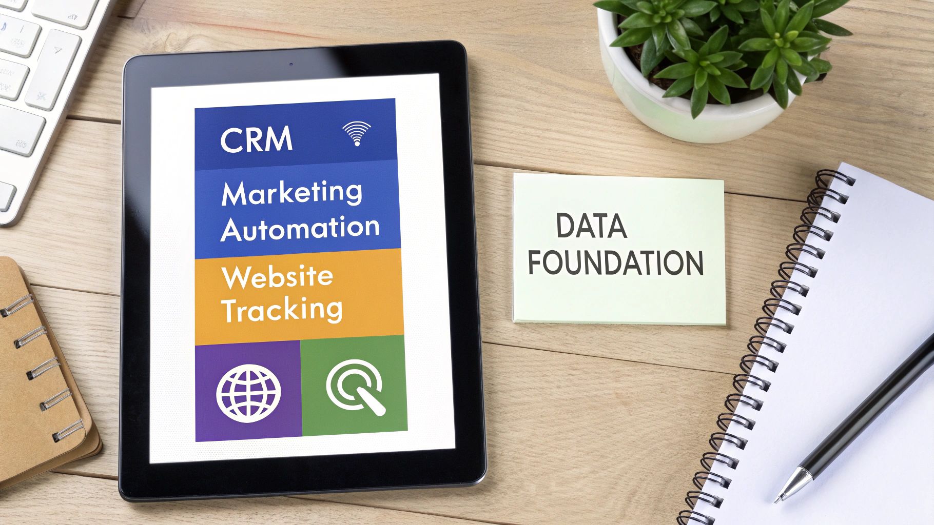 A tablet screen showing CRM, Marketing Automation, and Website Tracking, with a 'DATA FOUNDATION' note and office supplies.