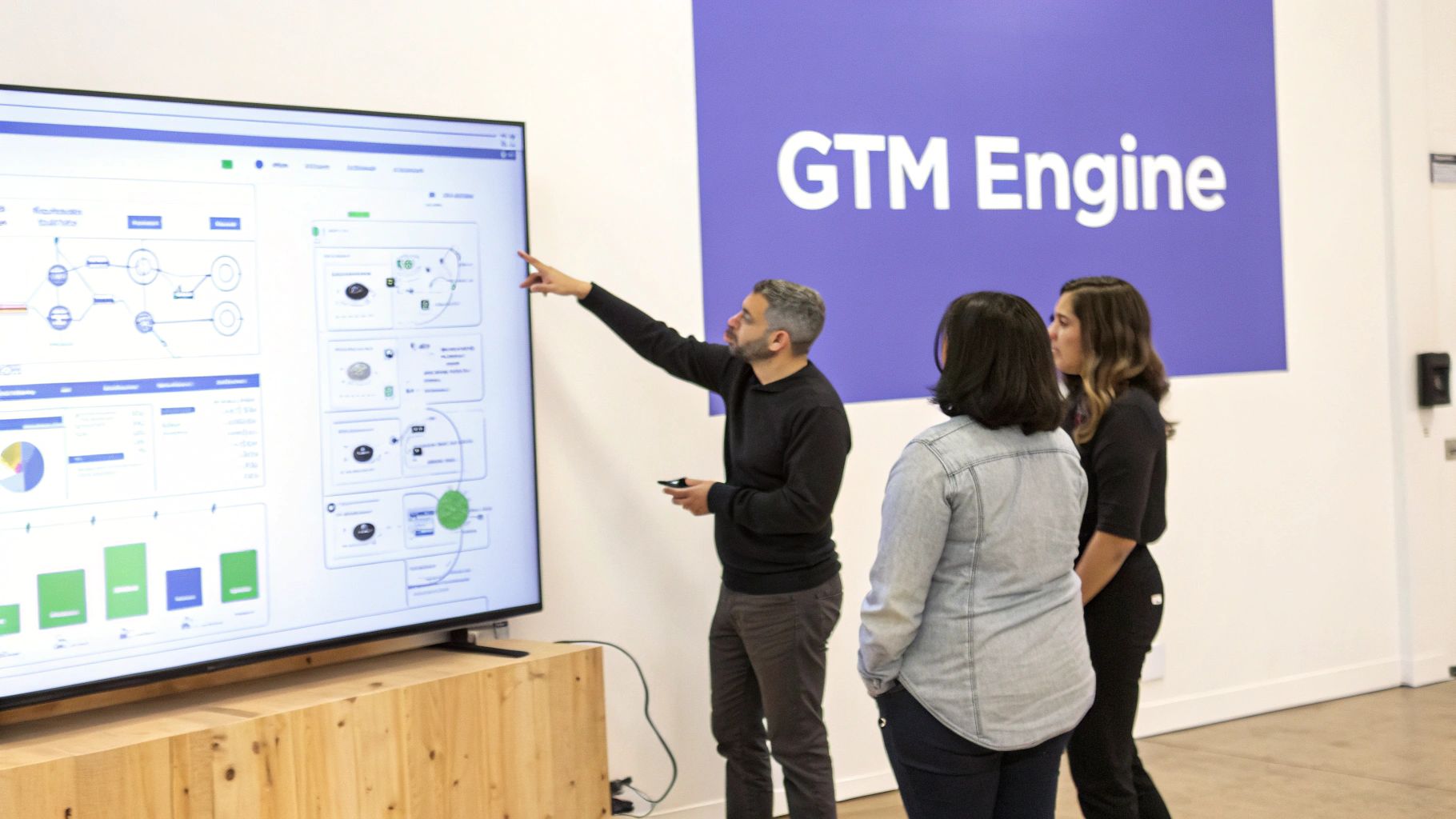 Three interlocking gears labeled "Alignment," "Tech Stack," and "Automation" representing a cohesive GTM engine.
