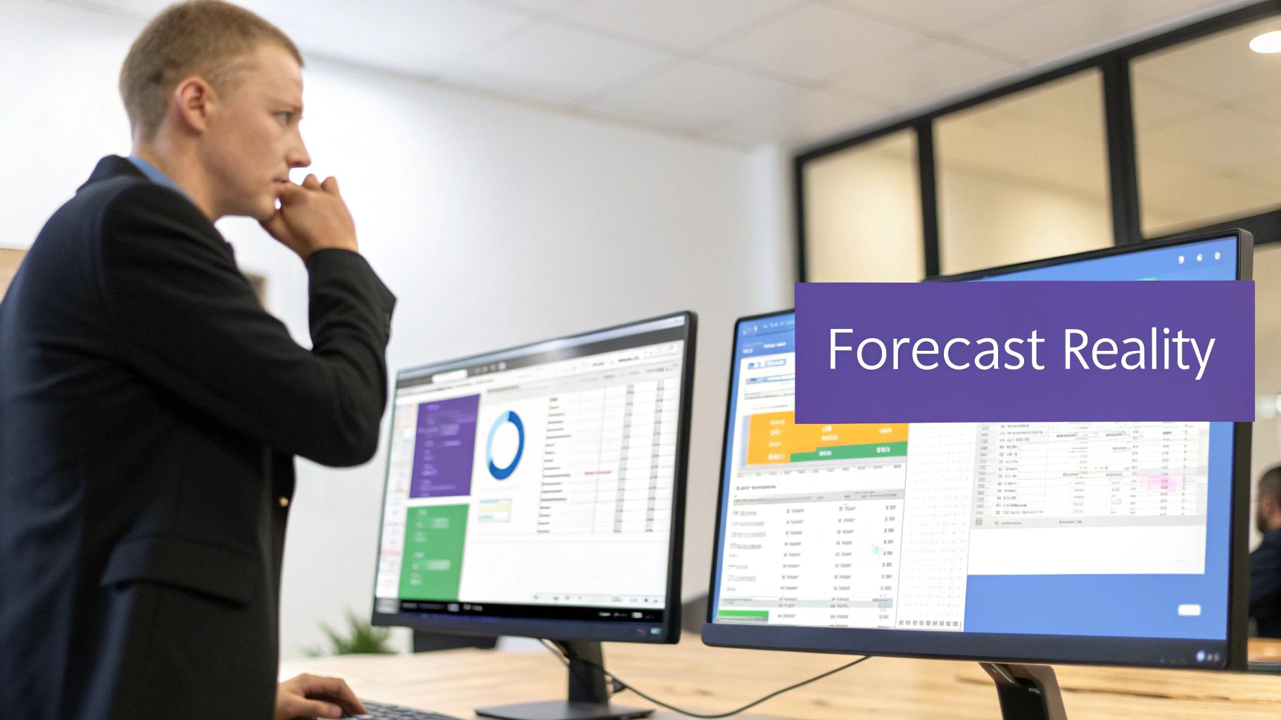 A businessman thoughtfully analyzing financial data and charts on dual monitors with 'Forecast Reality' text.
