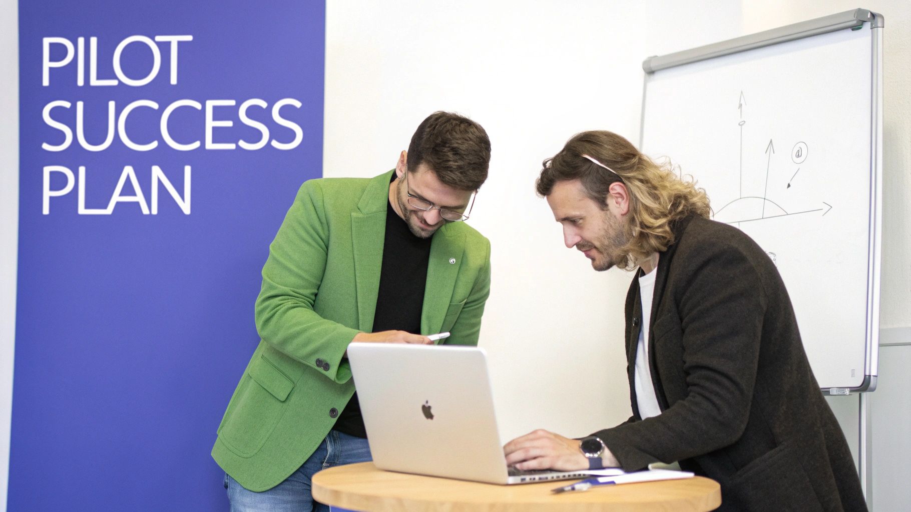 Two men collaborating on a laptop and phone in an office with a "PILOT SUCCESS PLAN" banner.