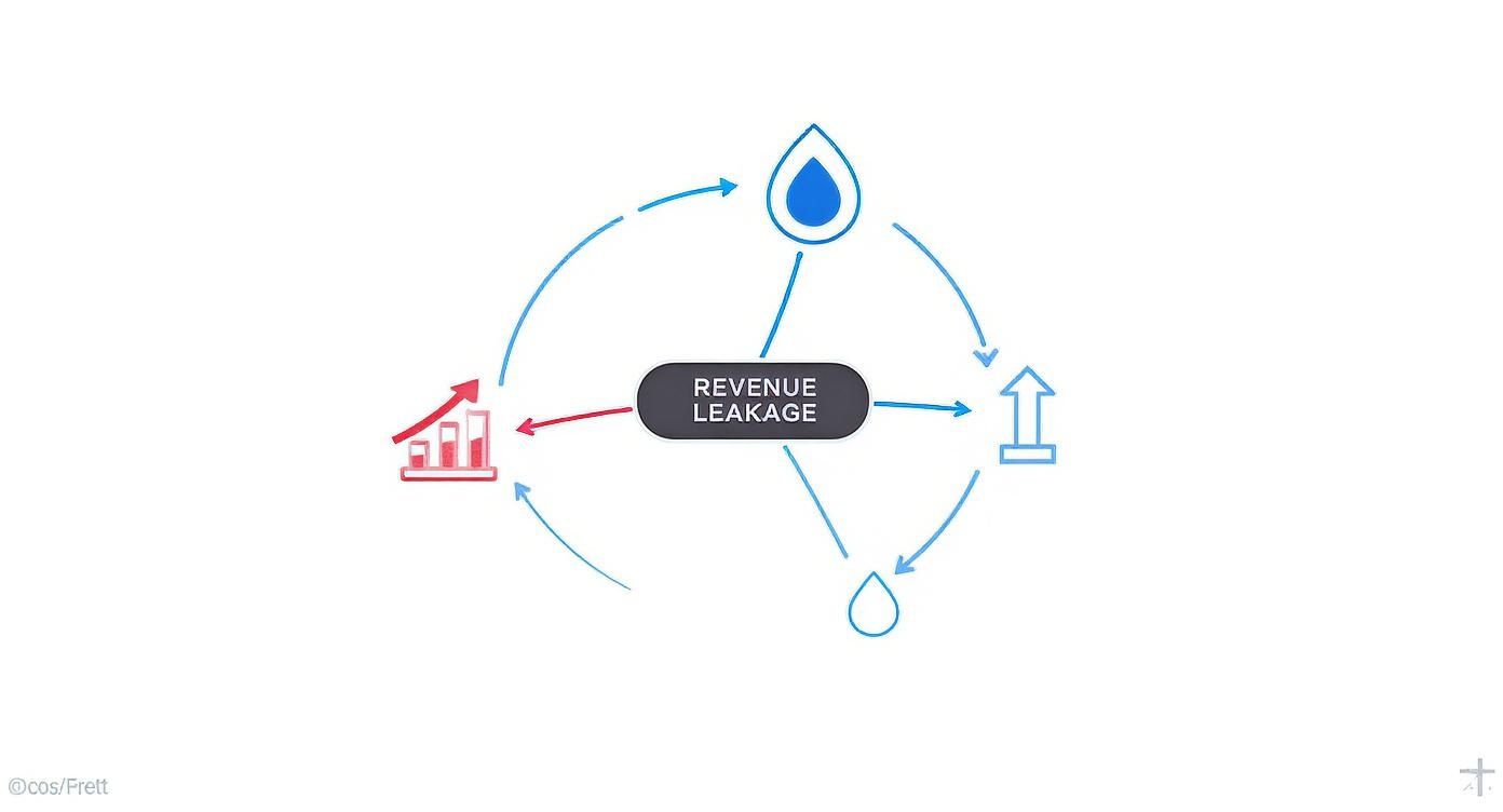 Diagram illustrating revenue leakage concept with interconnected icons: a water droplet, upward arrow, and bar chart.