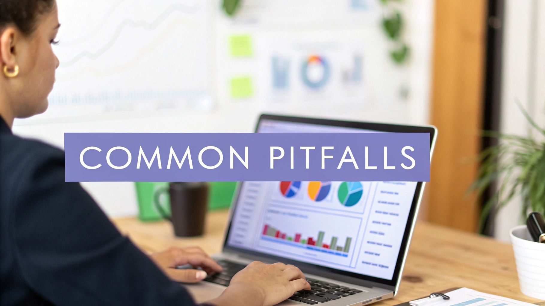 A woman reviews charts and data on a laptop screen, with 'COMMON PITFALLS' text overlay.