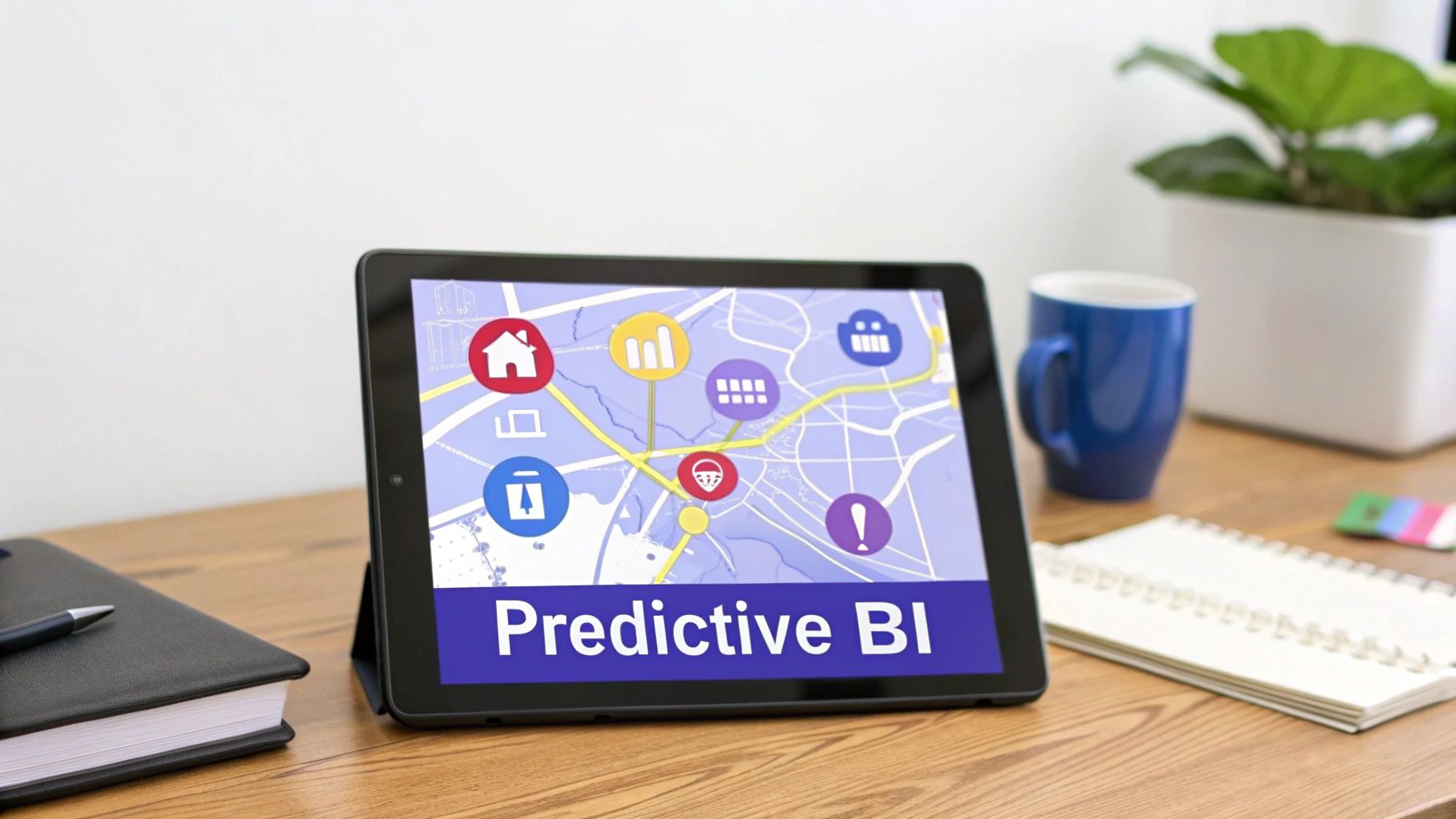 A tablet on a wooden desk displays a map with icons and "Predictive BI" text, alongside a notebook and a mug.