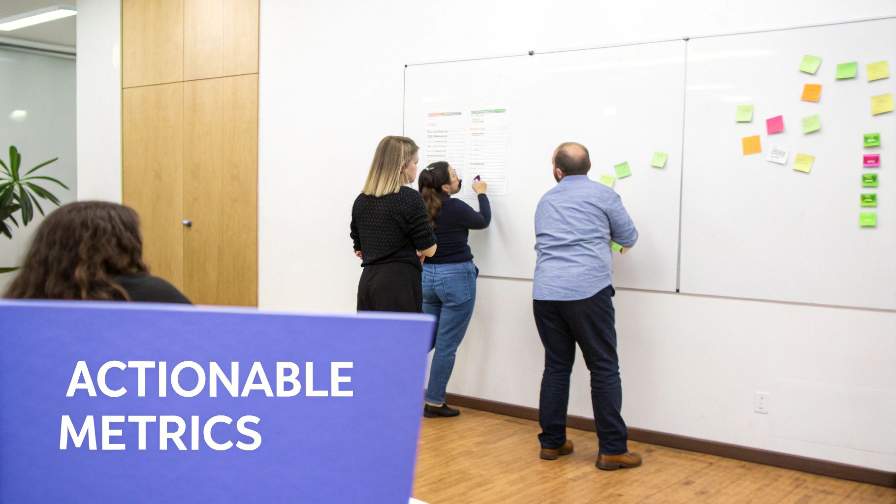 Three people collaborate on a whiteboard covered with sticky notes and 'Actionable Metrics' text.