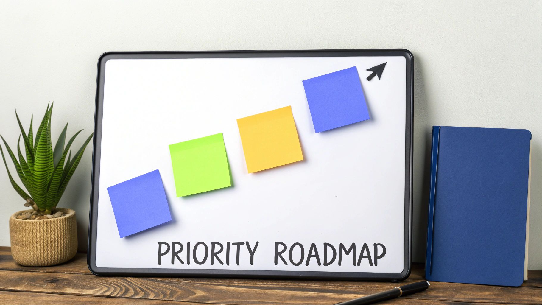 A priority roadmap on a whiteboard with colorful sticky notes, indicating progress.