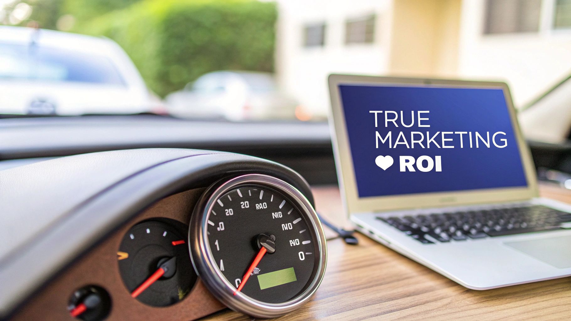 A laptop screen inside a car displays 'TRUE MARKETING ROI' next to a car's dashboard gauges.