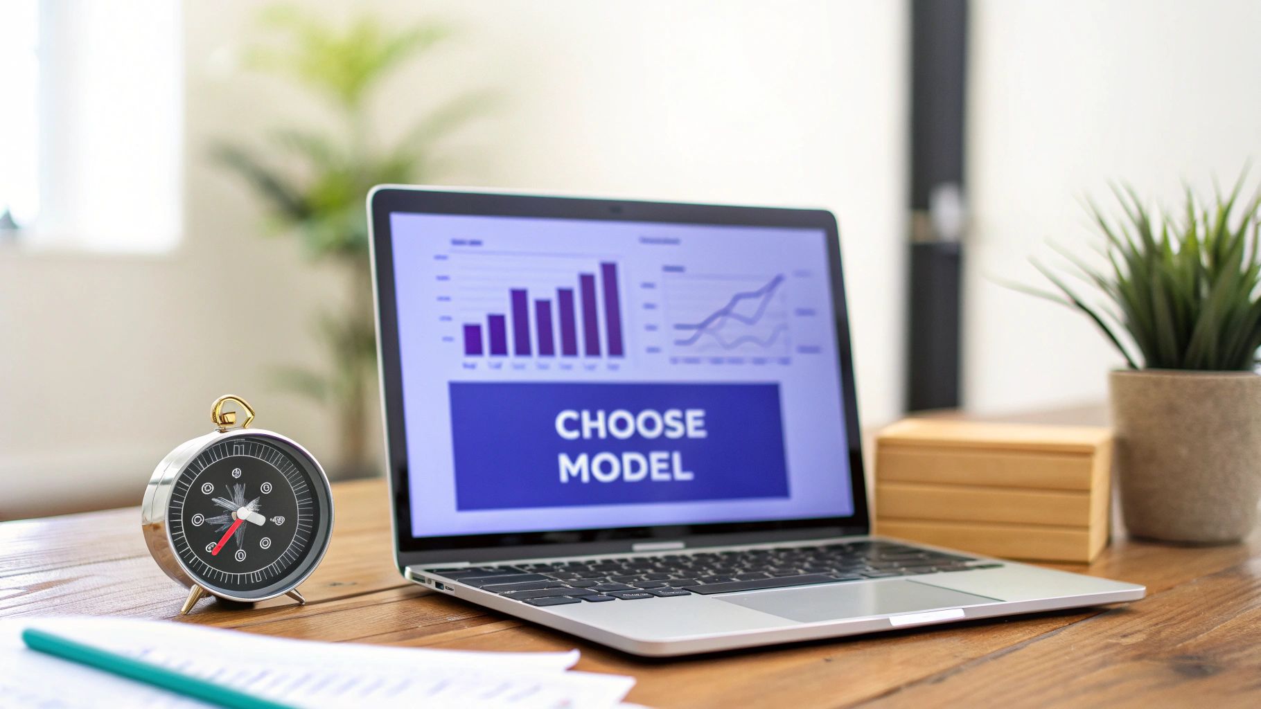 A laptop on a wooden desk displays business charts and 'CHOOSE MODEL' text, beside an alarm clock and plant.