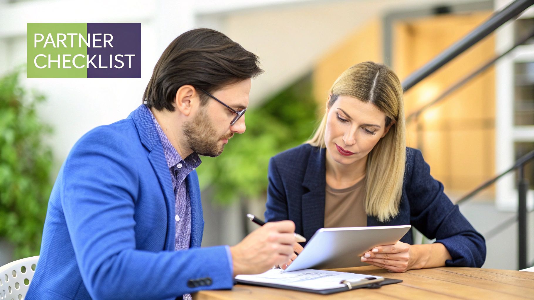 Two business professionals, a man and a woman, reviewing documents and a tablet together, with 'PARTNER CHECKLIST' text.