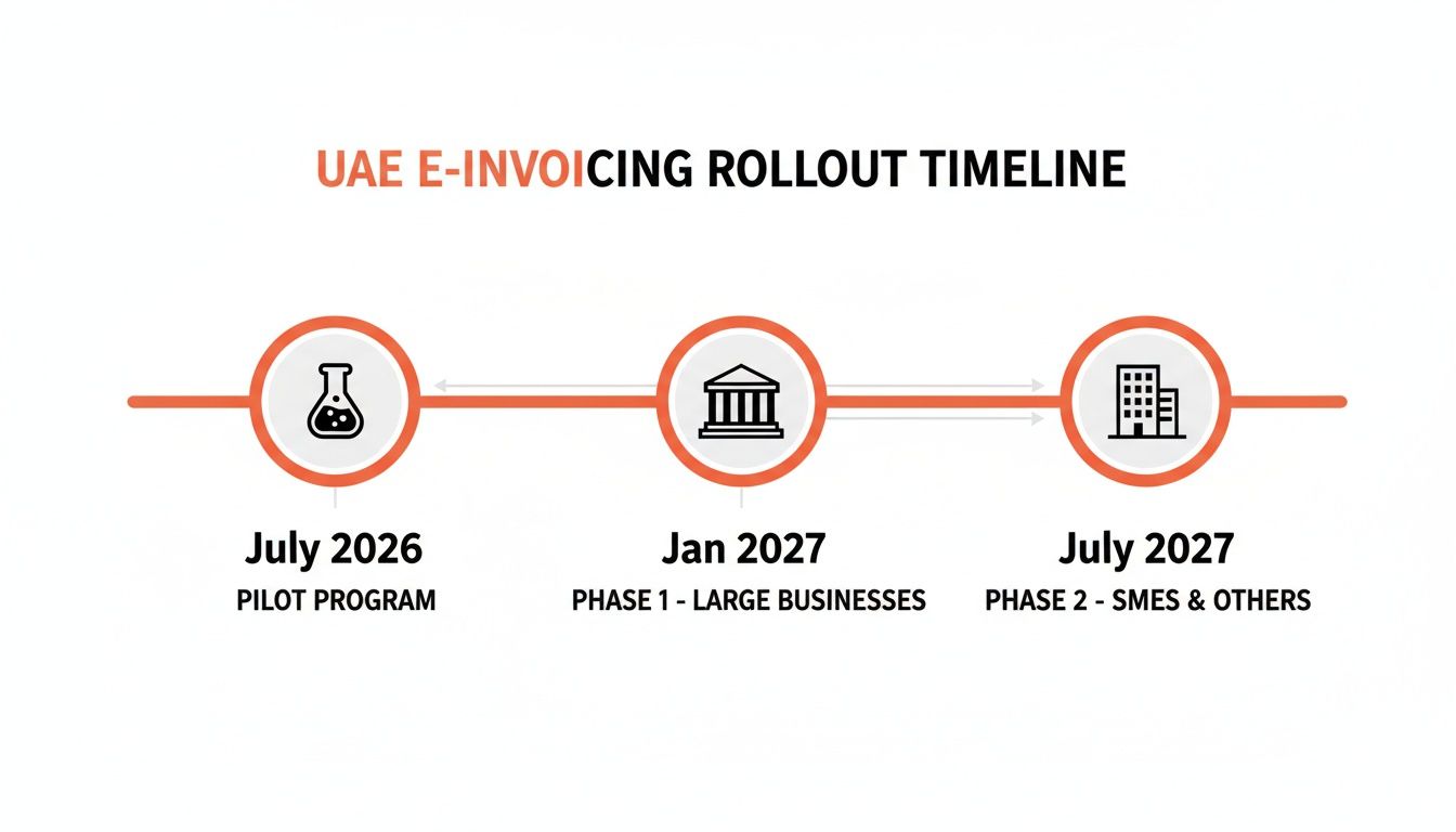 UAE E-Invoicing rollout timeline detailing pilot program, large business, and SME implementation phases.