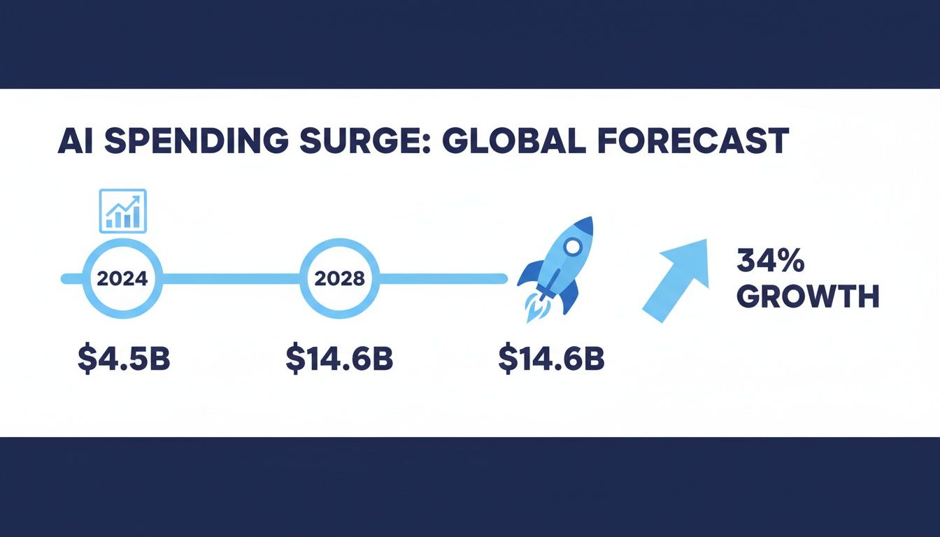 AI spending forecast showing $4.5B in 2024, surging to $14.6B by 2028, representing 34% growth.