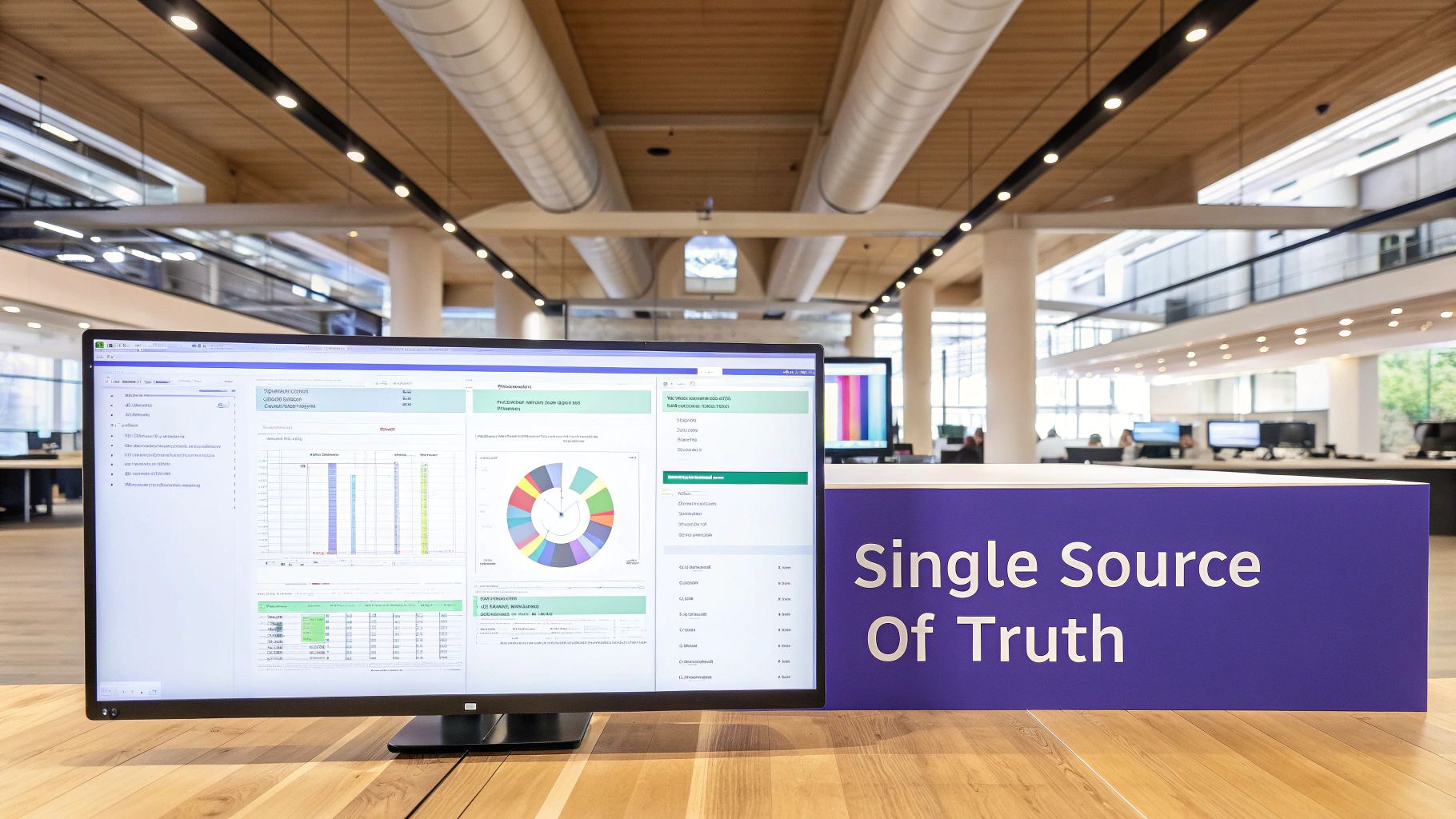 A computer monitor displaying business intelligence data and charts next to a 'Single Source Of Truth' sign.