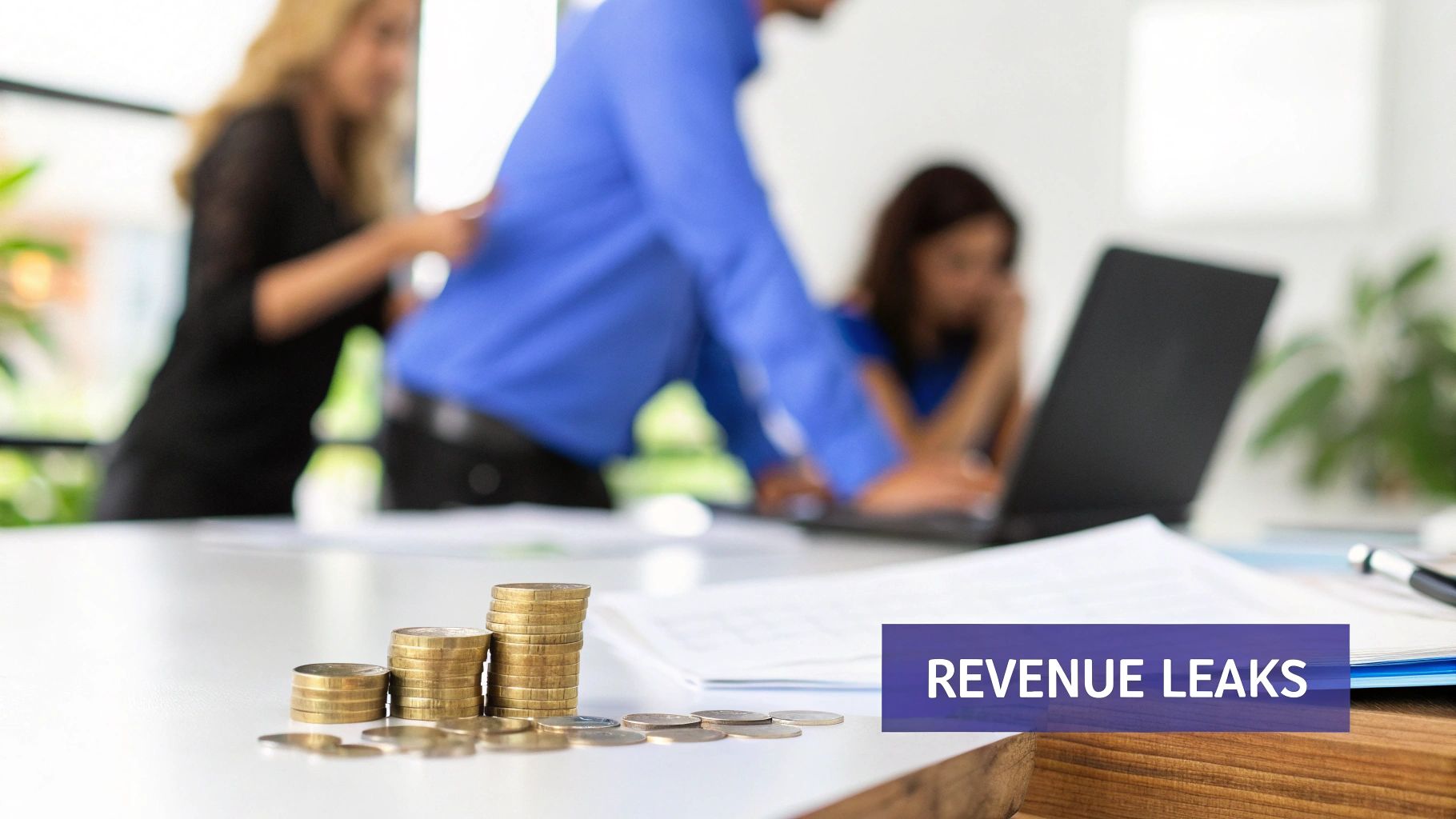Stacks of coins on a table with blurred people working, overlayed with 'REVENUE LEAKS' text, symbolizing financial losses.