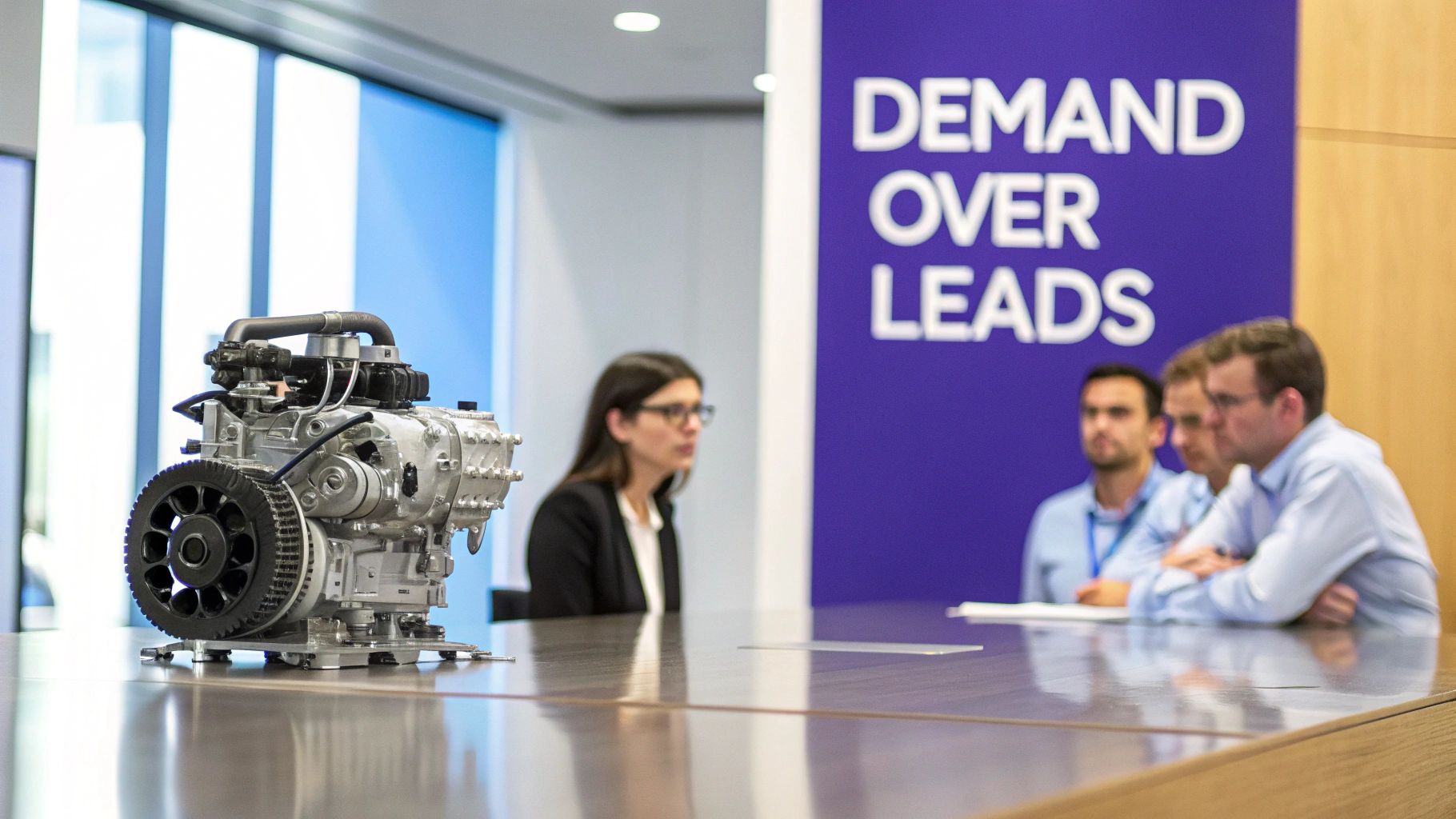 A detailed mechanical engine model on a reflective table, with professionals in a meeting background and a 'DEM-AND OVER LEADS' sign.