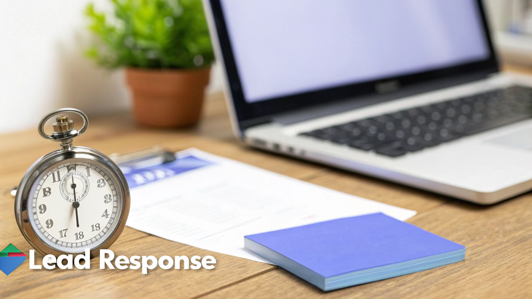 A desk with a pocket watch, documents, laptop, and a Lead Response logo, symbolizing efficient business operations.
