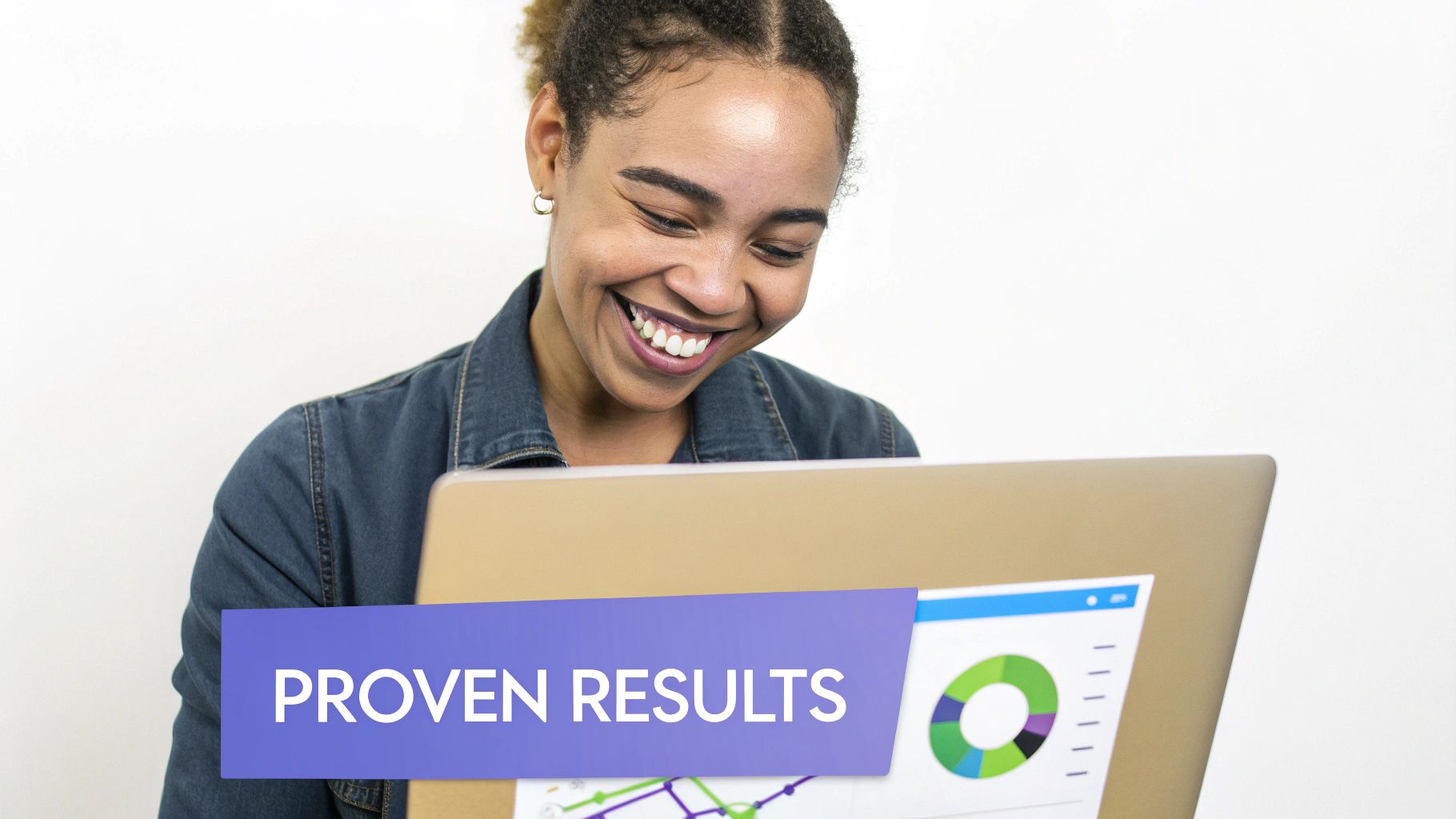 A group of marketing professionals celebrating success in front of a dashboard showing positive growth metrics and customer engagement.