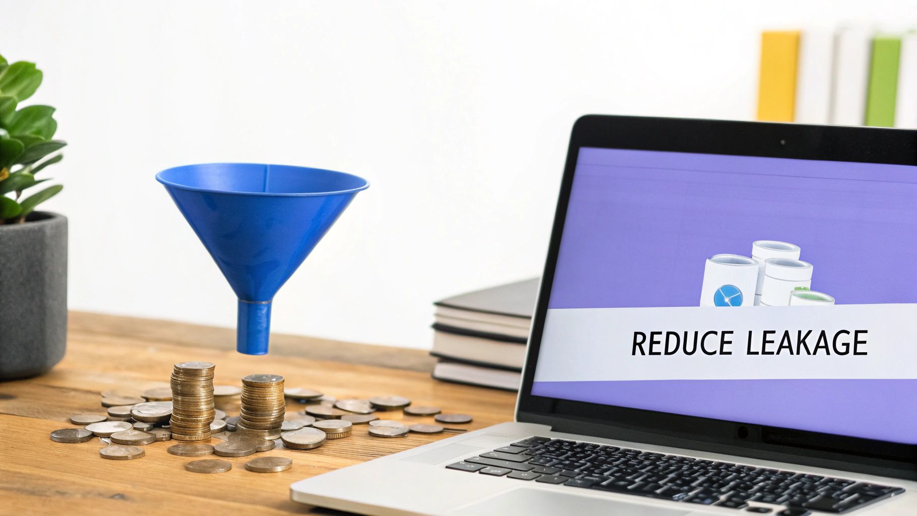 A blue funnel over stacked coins next to a laptop displaying 'REDUCE LEAKAGE'.