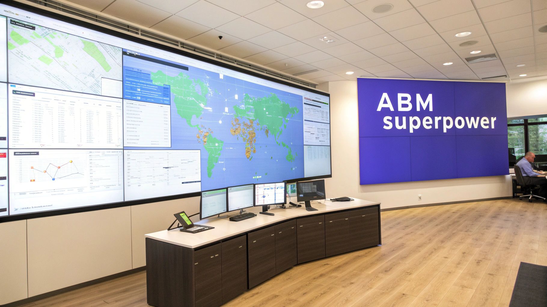 A modern control room with large video walls displaying global maps, data, charts, and 'ABM superpower' on a blue screen.