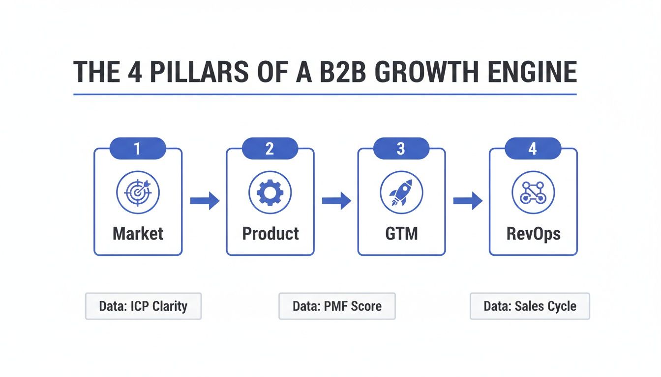 A diagram outlining the 4 pillars of a B2B growth engine: Market, Product, GTM, and RevOps, with associated data metrics.