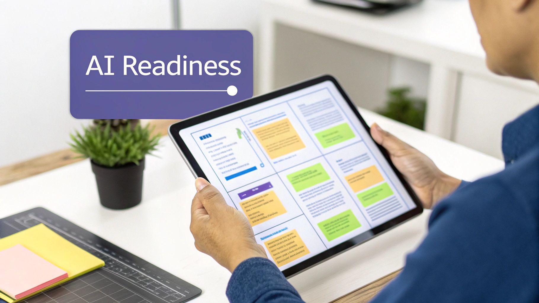 A person reviews an 'AI Readiness' presentation on a tablet, showcasing a progress bar and data.