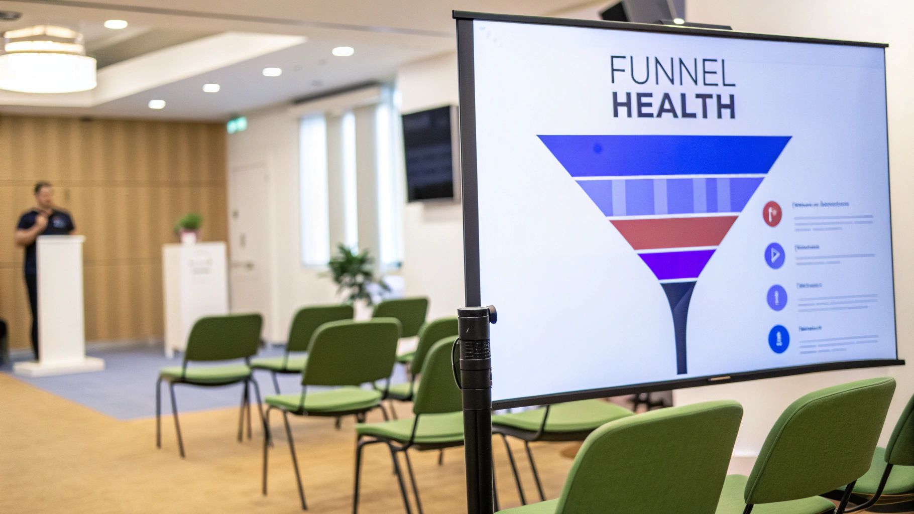A screen displaying 'Funnel Health' with a sales funnel diagram in a conference room with green chairs and a speaker.