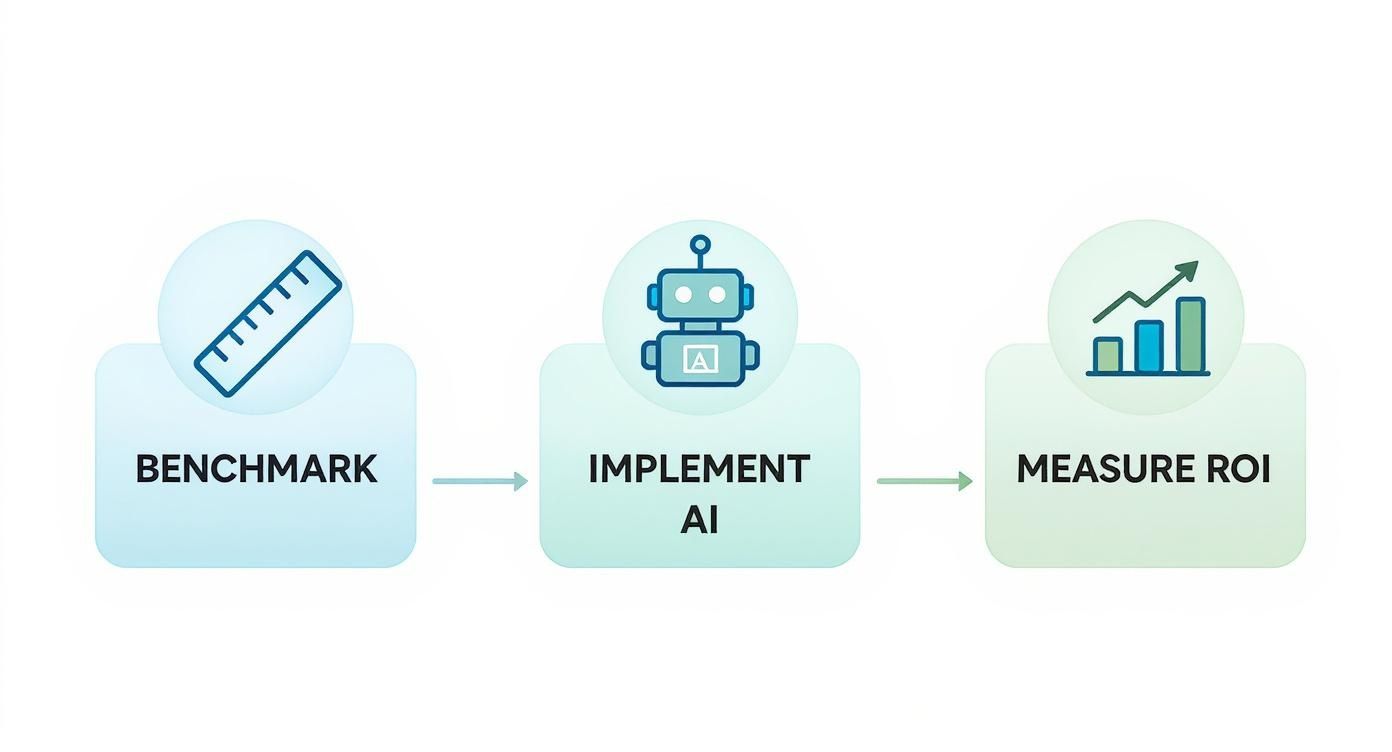 This timeline infographic shows a three-step process for AI implementation: Benchmark, Implement AI, and Measure ROI, using simple icons and a clean design.