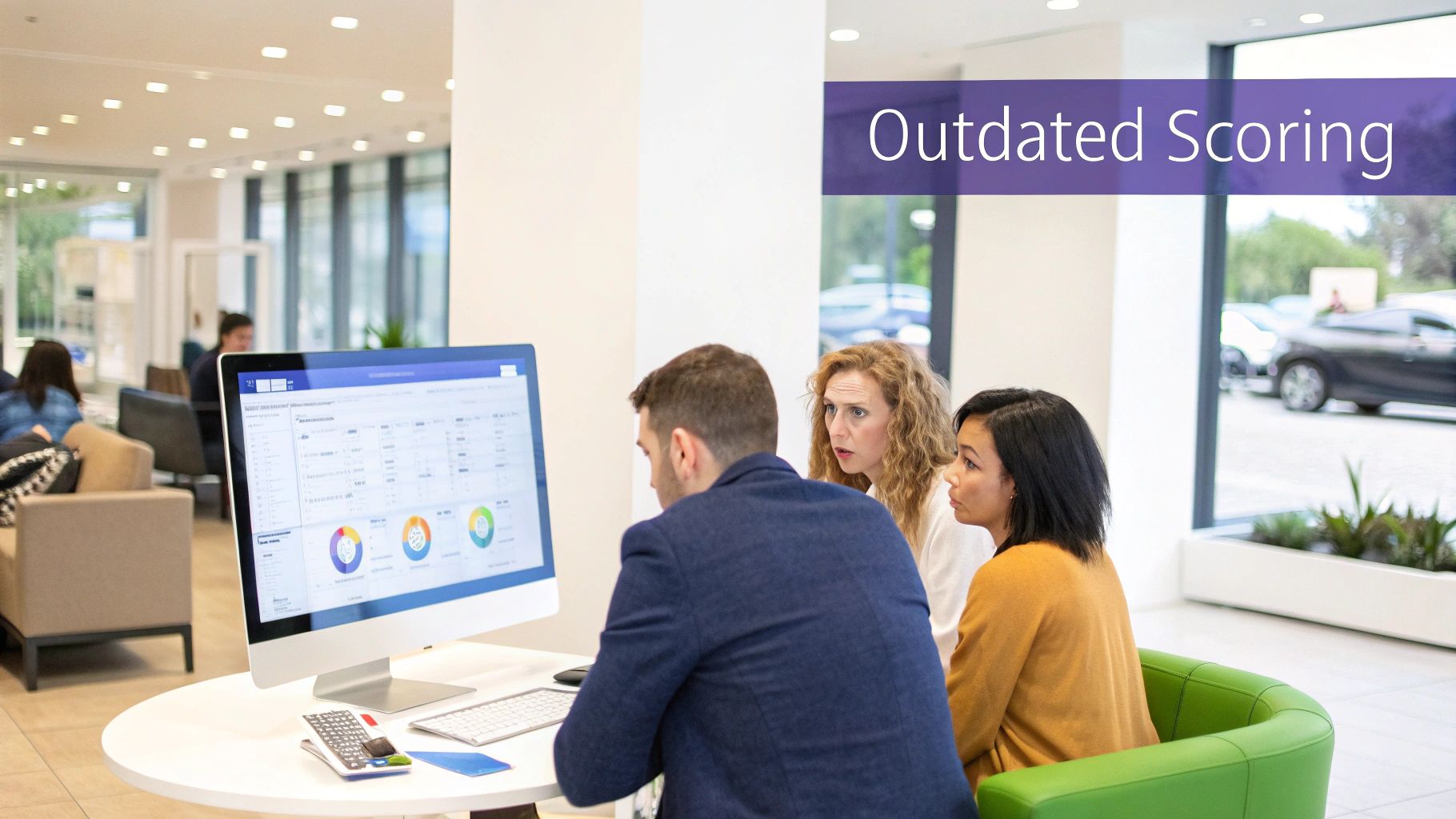 A person at a desk surrounded by charts and graphs, representing data analysis and business strategy.