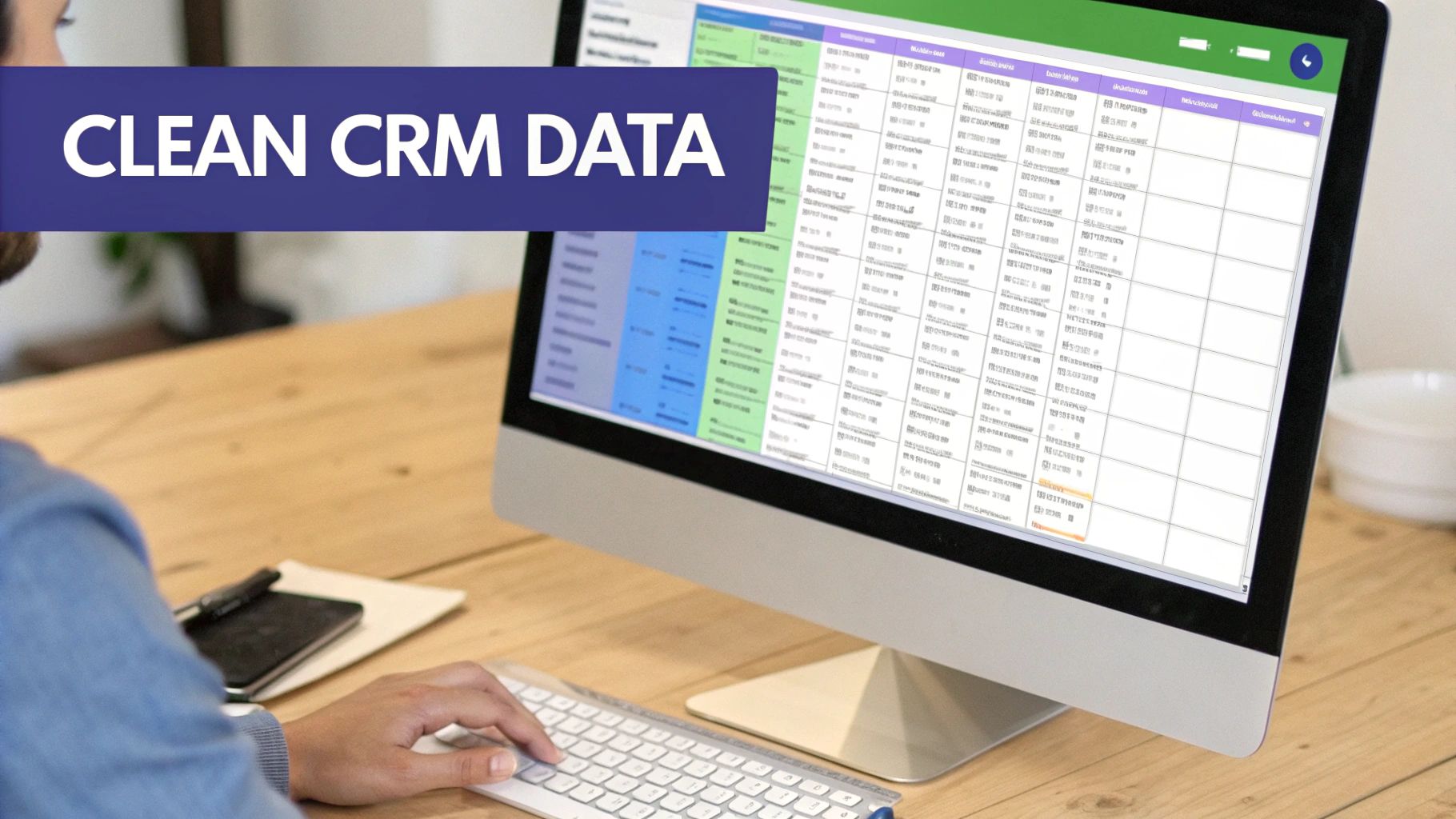 A person is cleaning CRM data on a computer screen displaying a detailed spreadsheet.