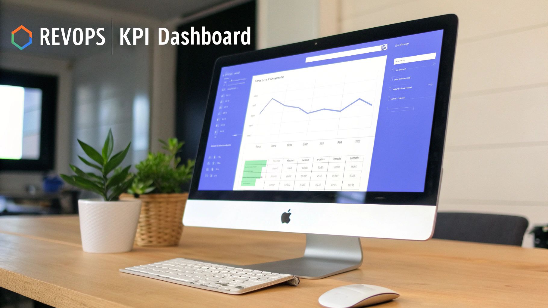 Desk with Apple iMac displaying a colorful REVOPS KPI dashboard, keyboard, mouse, and plants.