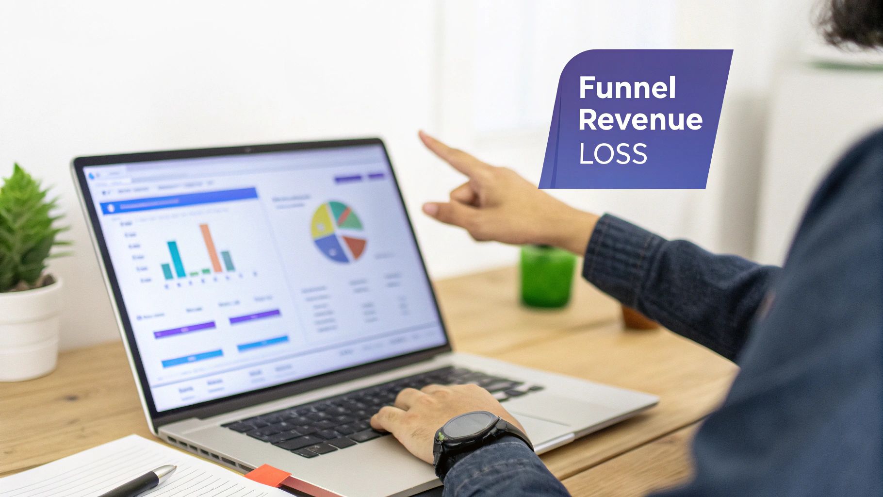 Person pointing at a laptop showing data charts, with a 'Funnel Revenue LOSS' banner visible.