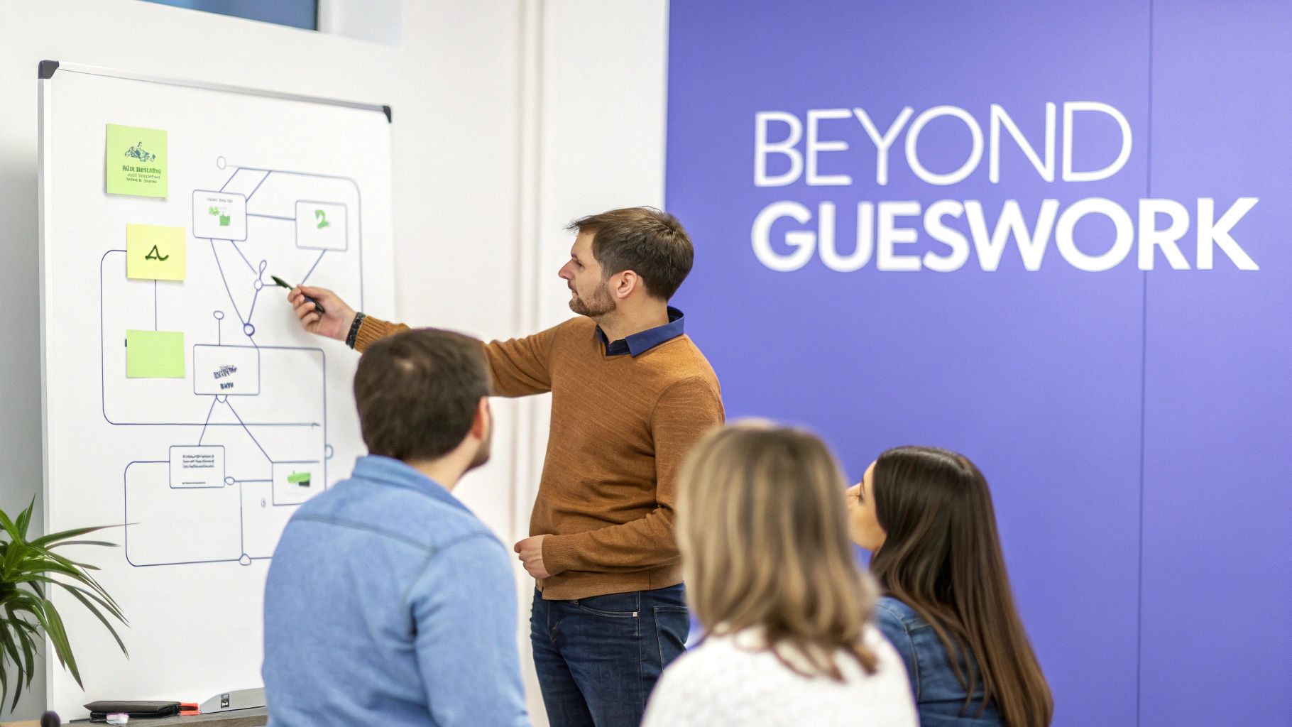 A team of professionals collaborating on a chart showing upward revenue growth trends.