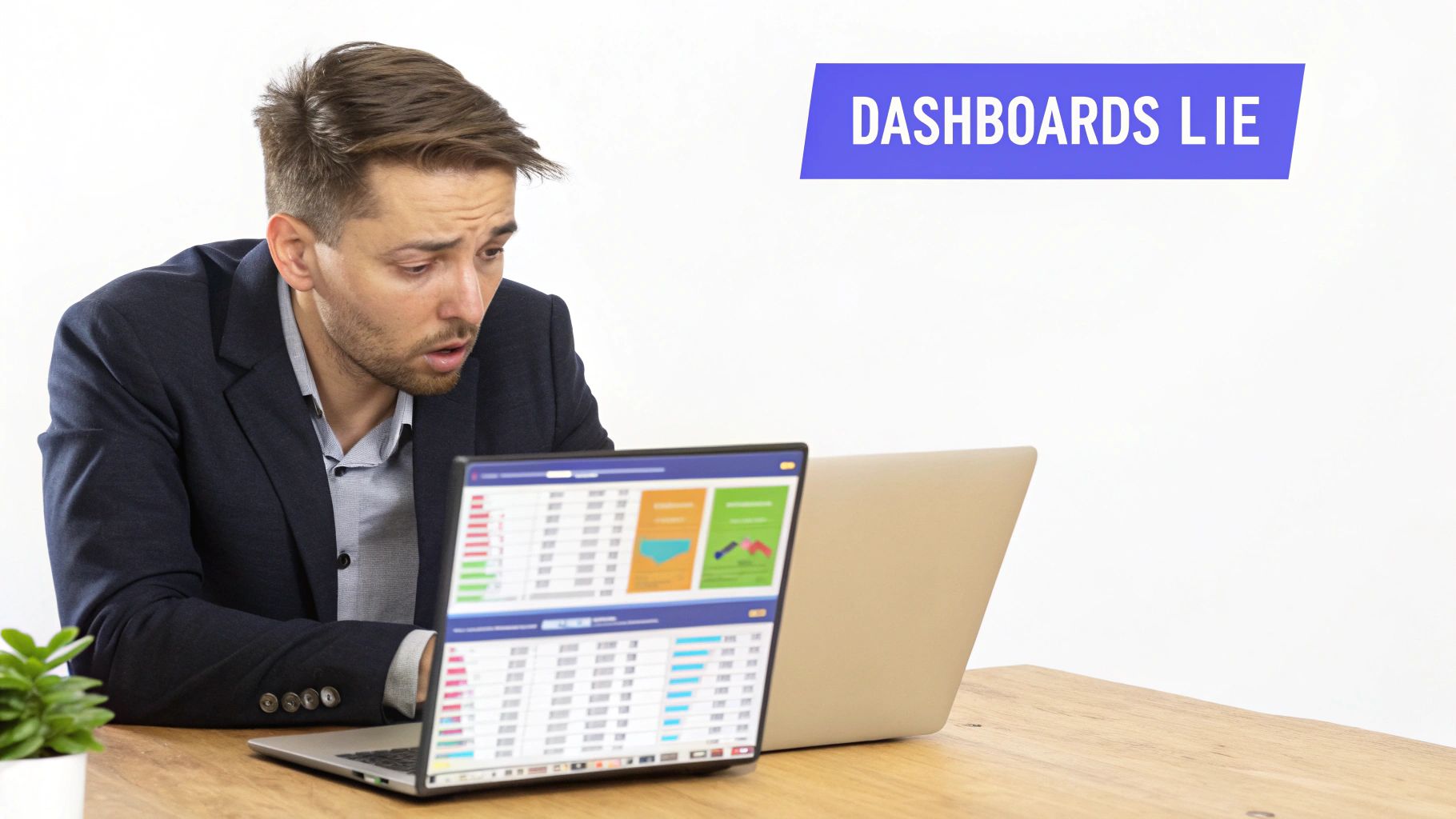 A concerned businessman looks intently at a laptop displaying a data dashboard with charts and tables, with the text 'DASHBOARDS LIE' above.