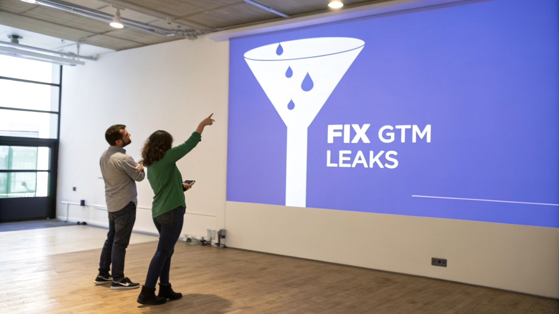 Two professionals discussing go-to-market strategy presentation about fixing GTM leaks with funnel visualization