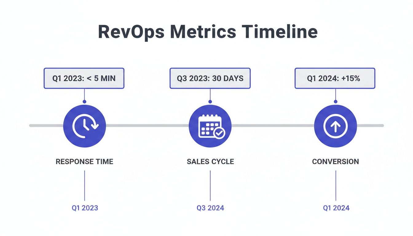 RevOps metrics timeline illustrating targets for response time, sales cycle, and conversion across different quarters.